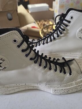 Converse White High-Top Sneakers with Black Heel Stripe